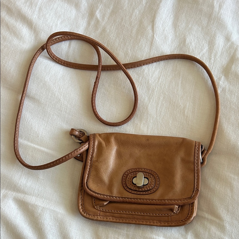 Compact Fossil Tan Leather Crossbody Bag